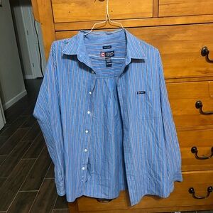 Chaps Easy Care Men's Shirt Size XL Blue, Orange White Stripe.